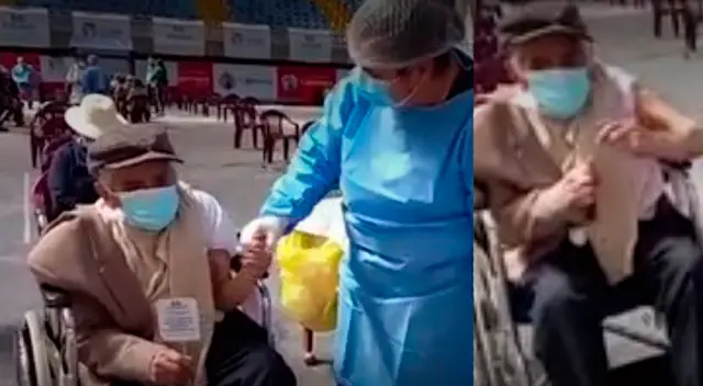 Adulto mayor bailó alegremente un tradicional carnaval cajamarquino al ser inoculado.o