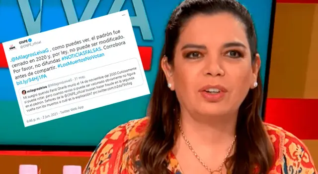 ONPE le respondió a Milagros Leiva y le pidió no difundir noticias falsas.