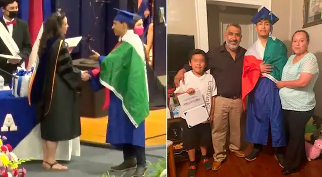 El estudiante acudió a recibir su diploma de graduación usando una bandera de México. El estudiante acudió a recibir su diploma de graduación usando una bandera de México.