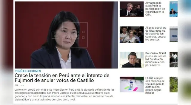 La agencia de noticias EFE de noticias destaca que la “tensión en Perú” ha crecido por la definición de un vencedor en los comicios electorales en el país.
