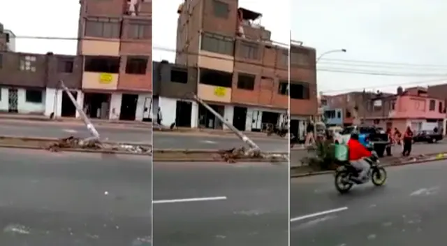 Poste se encuentra colgado de cables. Un vehículo habría causado el incidente. Poste se encuentra colgado de cables. Un vehículo habría causado el incidente.