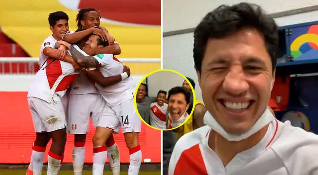 Gianluca Lapadula celebra con sus compañeros el triunfo peruano.