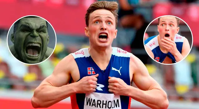 Warholm se emocionó al máxima y no dudó en romperse el polo al estilo de Hulk.