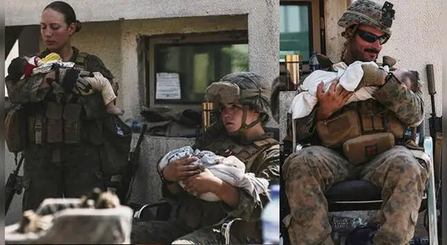 Los soldados cuidan a los bebés afganos en medio del caos por el régimen talibán. Los soldados cuidan a los bebés afganos en medio del caos por el régimen talibán.