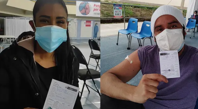 Rocío Miranda y Junios Silva felices por recibir su primera dosis contra el coronavirus.
