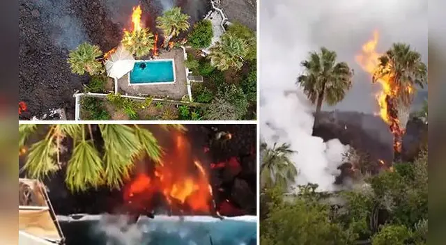 Mira el insólito momento que lava del volcán Cumbre Vieja destruye piscina en la isla La Palma.