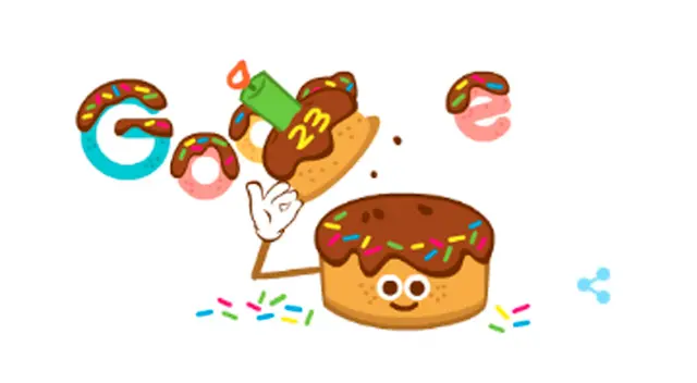 Google festejó su 23 aniversario con un doodle tipo un cumpleaños.