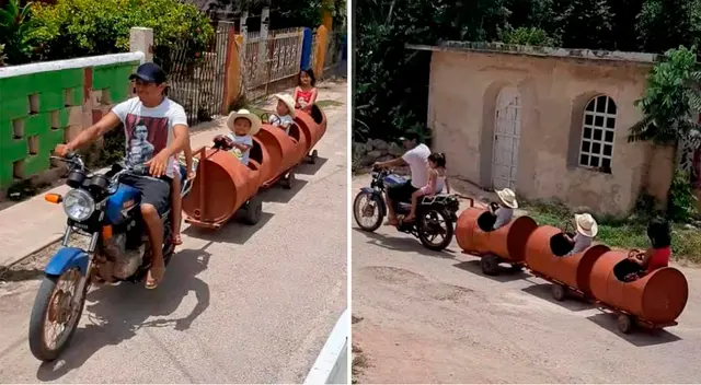 El ingenioso papá hizo uso de su motocicleta, unas llantas, y tres barriles de metal, a las que unió con vigas.