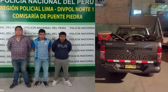 Los detenidos y la camioneta recuperada por la PNP Los detenidos y la camioneta recuperada por la PNP