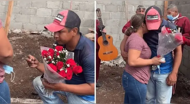 Esdras es un albañil que con la ayuda de sus compañeros le propusó matrimonio a su novia.