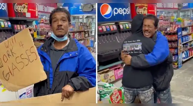 Un hombre que trabaja en la calle llora de alegría al recibir 500 dólares para comprar sus lentes.