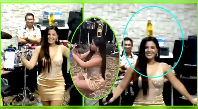 Estrella Torres sorprende con su habilidad al cantar con botella en la cabeza.