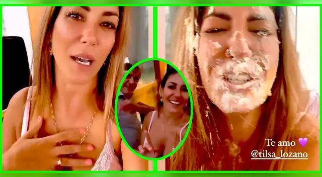 Tilsa Lozano termina con la torta en la cara.
