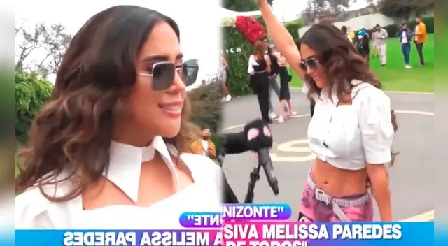 Melissa Paredes estuvo presente en el desfile con otras figuras del espectáculo. Foto: capturas América TV Melissa Paredes estuvo presente en el desfile con otras figuras del espectáculo. Foto: capturas América TV