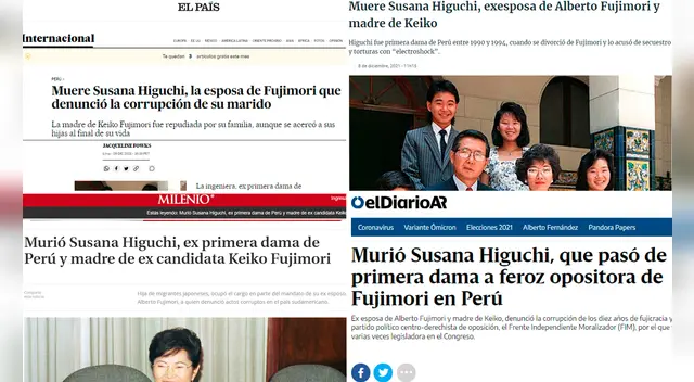 Capturas de diversos portales internacionales y el tratamiento informativo que le brindaron al fallecimiento de Susana Higuchi.