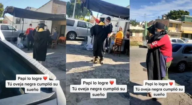 Tierno. Joven celebra título universitario con su padre que trabaja como ambulante en la calle Tierno. Joven celebra título universitario con su padre que trabaja como ambulante en la calle