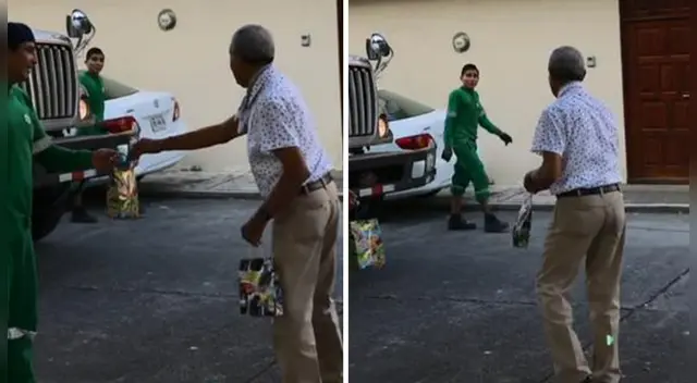 El caballero se acercó a los trabajadores de limpieza y les entregó sus regalos navideños. Foto: captura de TikTok