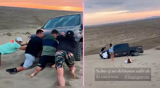 Mario Hart, Mario Irivarren y Hugo García tuvieron que empujar el auto para salir del desierto.