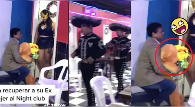 Señor busca a su novia en night club y le lleva mariachis, flores y un osito para que lo perdone