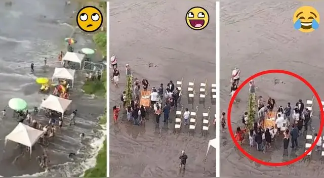 Pese a los oleajes anómalos, la pareja se llegó a casar aunque se fueron bien bañaditos a su casa. Pese a los oleajes anómalos, la pareja se llegó a casar aunque se fueron bien bañaditos a su casa.