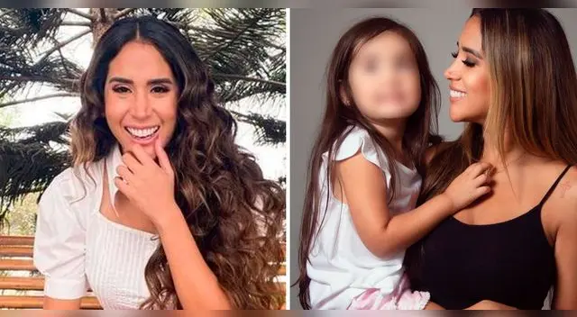 Melissa Paredes feliz al ver a su pequeña ingresar al set para jugar con ella.