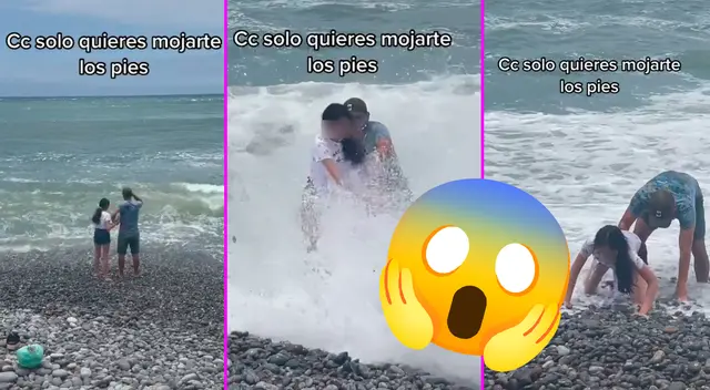 Los jóvenes intentaron salir de la playa, pero acabaron completamente mojados.