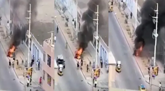 Cansados de la delincuencia vecinos de SJL incendiaron la mototaxi de unos ladrones