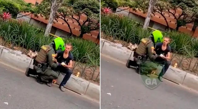 El policía se arrodilló para darle su almuerzo al humilde hombre.