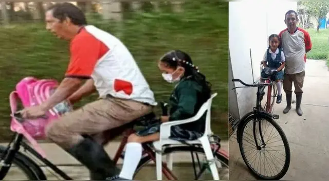 Padre se inventó una bicicleta para llevar a su hija al colegio y escena conmueve redes sociales.