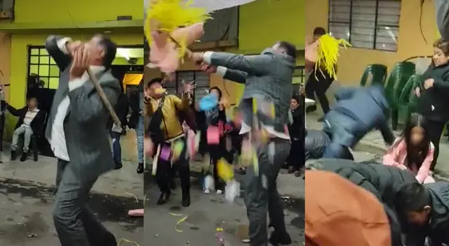 Peculiar escena de los invitados con una piñata se hizo viral en las redes sociales.