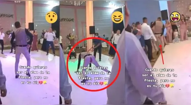 Hombre intentó sacar los 'pasos prohibidos', pero terminó con el pantalón roto en plena fiesta.