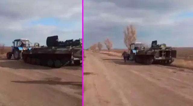 El granjero huyó con el tractor mientras un soldado ruso lo perseguía. El granjero huyó con el tractor mientras un soldado ruso lo perseguía.