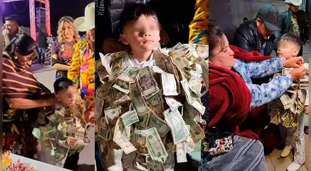 En las imágenes se ve a un niño que recibe de sus invitados dinero en moneda estadounidense.