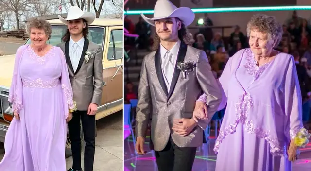 El estudiante de secundaria ingresó del brazo de su bisabuela.