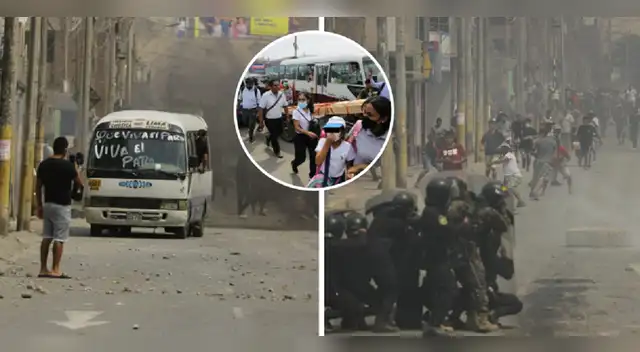 Enfrentamiento entre policías y manifestantes en la Carretera Central Km 22.