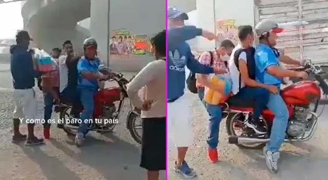 La personas se subieron a la moto de tres en tres. La personas se subieron a la moto de tres en tres.