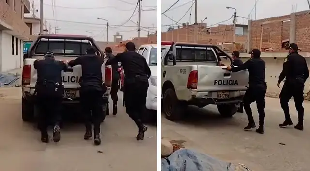 Agentes empujan patrullero en pleno operativo Agentes empujan patrullero en pleno operativo