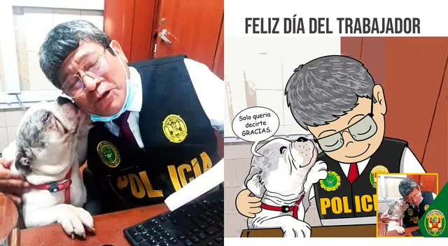 Max,el perro de raza bulldog, se acercó al efectivo policía y le dio un ‘beso’ en la mejilla.