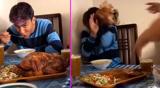 La enajenada mujer tomó el pollo de la mesa y lo lanzó sobre su hijo. La enajenada mujer tomó el pollo de la mesa y lo lanzó sobre su hijo.