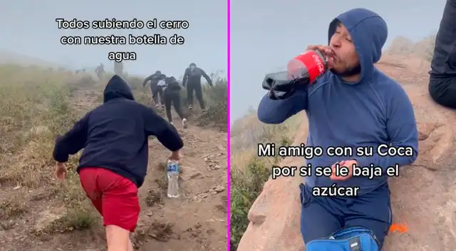 El muchacho llegó a lo alto de la montaña con su gaseosa en mano.
