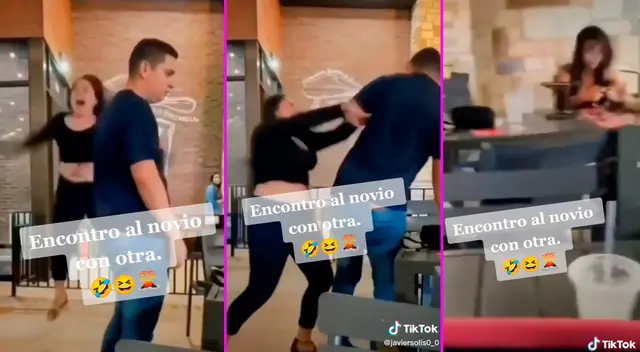 La joven se enfrentó a su pareja al verlo con otra. La joven se enfrentó a su pareja al verlo con otra.