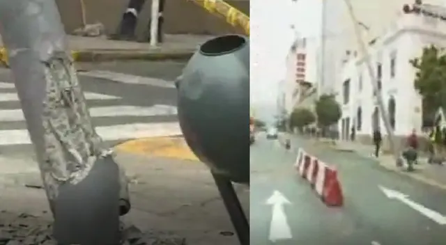 Poste de alumbrado público está a punto de caer tras accidente vehicular. Poste de alumbrado público está a punto de caer tras accidente vehicular.