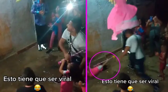 La pequeña salió volando cuando su papá quiso romper la piñata. La pequeña salió volando cuando su papá quiso romper la piñata.