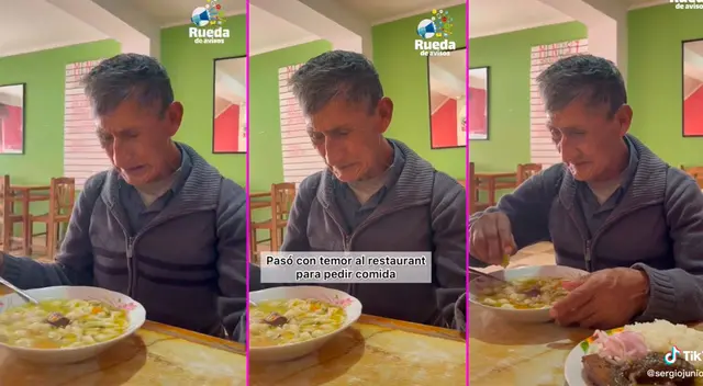 El adulto mayor estaba merodeando cerca de un restaurante, cuando de pronto el joven lo invitó a pasar. El adulto mayor estaba merodeando cerca de un restaurante, cuando de pronto el joven lo invitó a pasar.