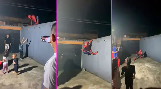 El joven bajó desde lo alto de una pared y asomrbó a los pequeños.