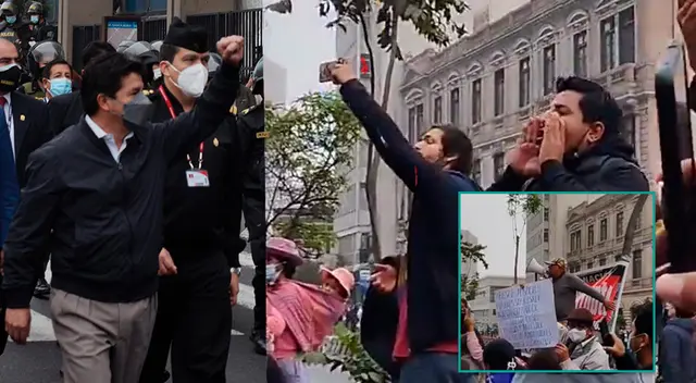 Manifestantes aprovechan llegada del Pedro Castillo a la Fiscalía para exigirle su renuncia. Manifestantes aprovechan llegada del Pedro Castillo a la Fiscalía para exigirle su renuncia.