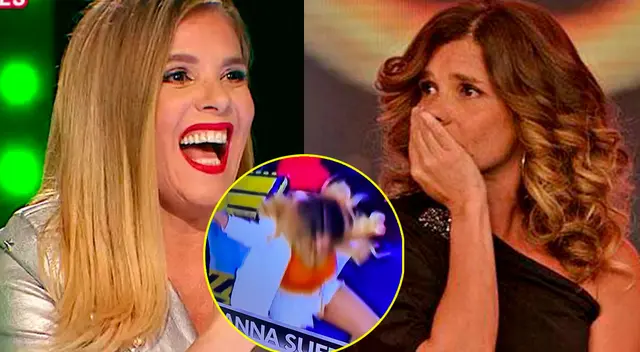 La conductora Johanna San Miguel le echó la culpa a chico de la producción. Renzo Schuller no paraba de reírse al ver la caída de la 'chata' en Esto es guerra.