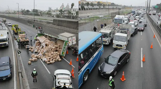 camión se vuelca y genera gigantesco tráfico vehicular