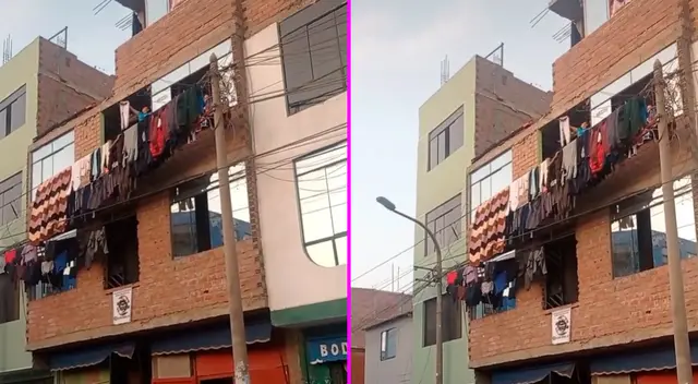 La familia colgó hasta sus frazadas en los cables. La familia colgó hasta sus frazadas en los cables.