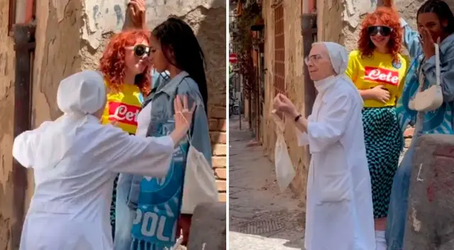 La monja corrió a detener a las modelos para evitar que continuaran besándose.